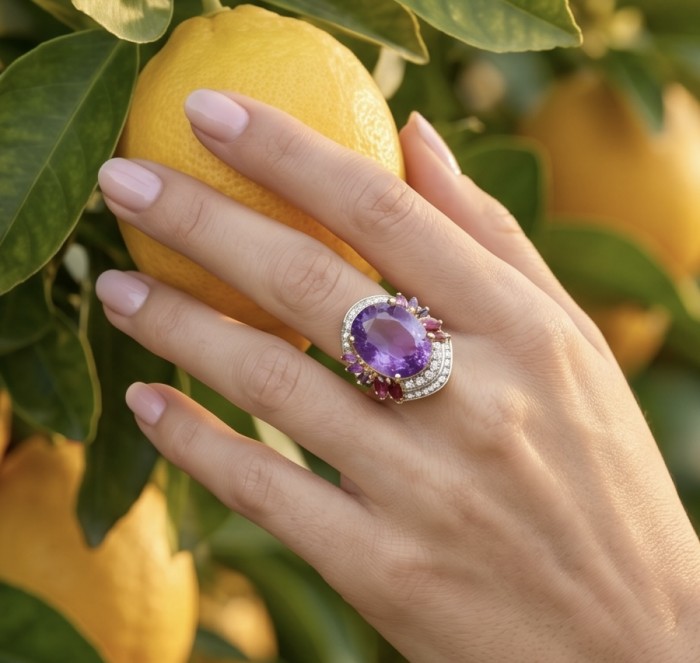 Purple Cascade 21.5 carat natural Amethyst 22K Gold over .925 Sterling Silver Handcrafted Ring size 7 - Amethyst ring worn on hand, near citrus fruit in garden setting.