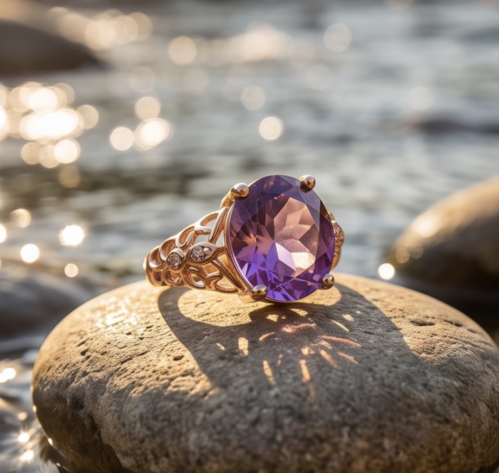 Serenity 9.5 carat natural Amethyst 18K Rose Gold over .925 Sterling Silver Handcrafted Ring size 8 - Serenity amethyst ring on stone, close-up in sunlight, side view