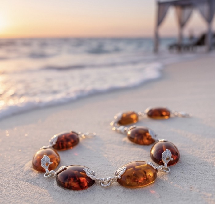 Golden Baltic Amber .925 Sterling Silver dipped in rhodium handamde Bracelet - Amber and silver bracelet on sandy beach at sunset, side view.