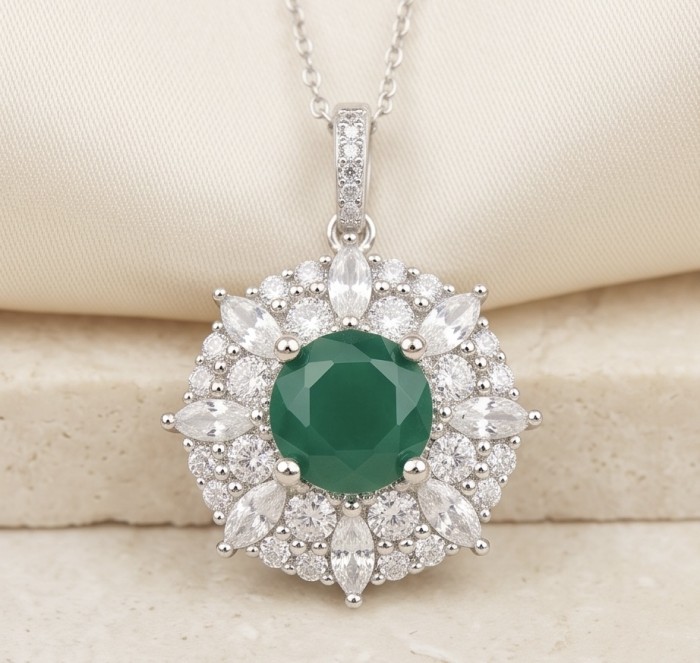 Spectaculat 3.5 carat Tsavorite Garnet rhodium over .925 Sterling Silver handcrafted Statement Pendant - Close-up of Tsavorite Garnet pendant with intricate diamond accents
