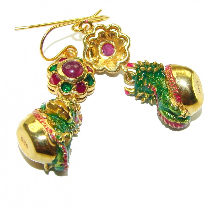 Green Lizards Authentic Ruby Enamel 18K Gold over .925 Sterling Silver handcrafted earrings - photo 1
