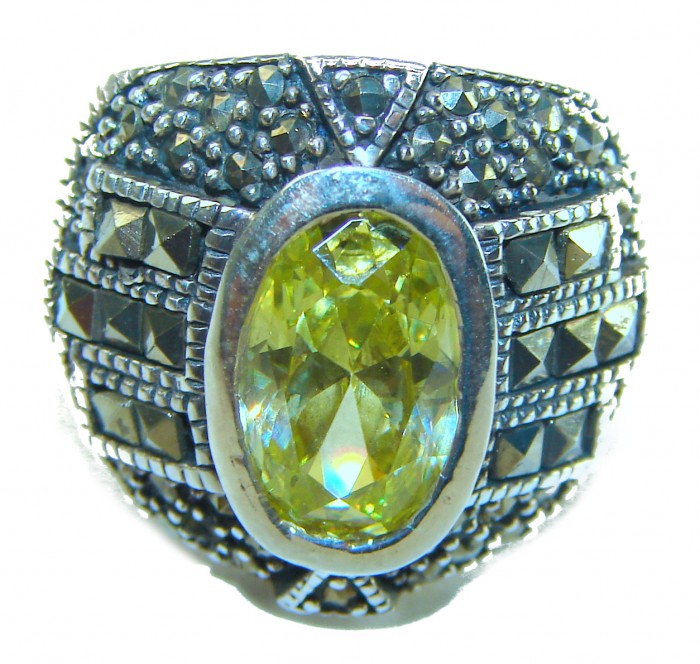 Authentic 5.8 carat Green Neon Topaz Marcasite .925 Sterling Silver handmade Ring s. 6 - photo 2