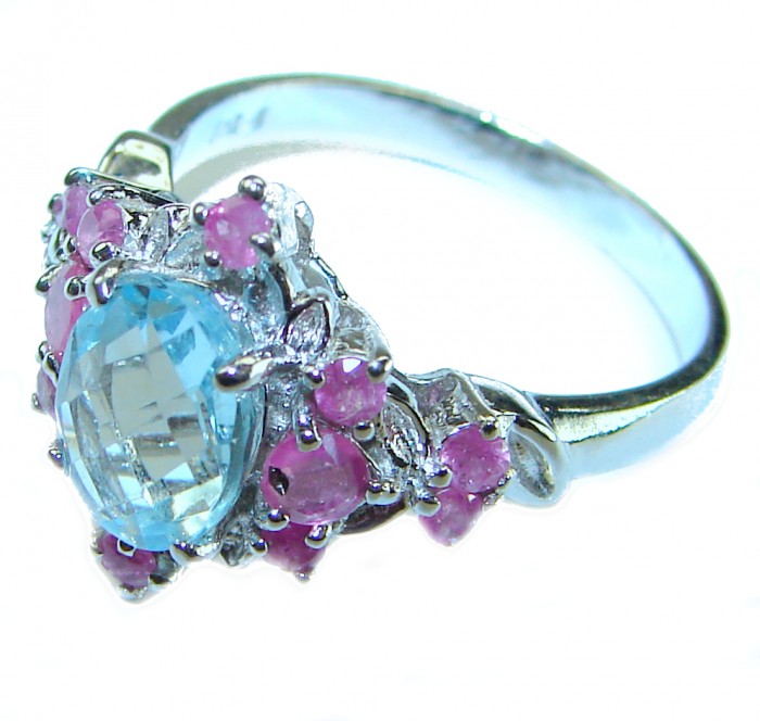 5.8 carat Swiss Blue Topaz Ruby .925 Sterling Silver handcrafted ring size 7 - Close-up of a 5.8 carat Swiss Blue Topaz and Ruby Sterling Silver ring.