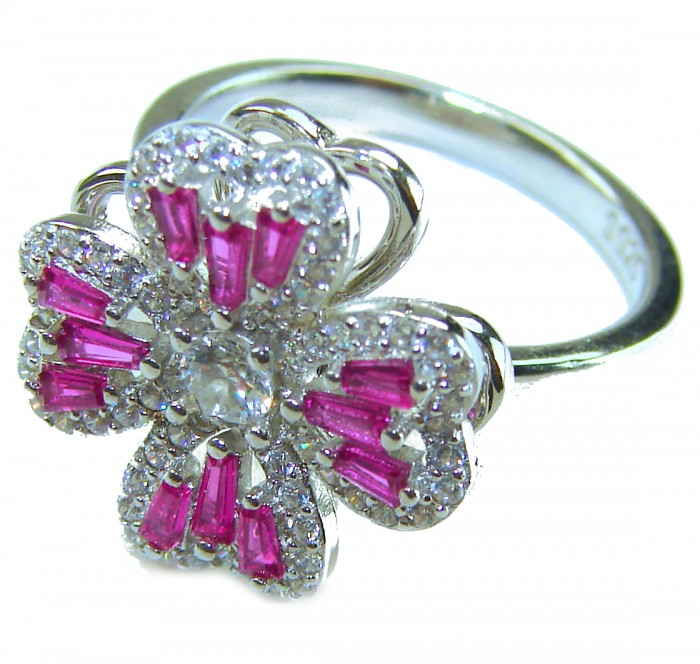 Art Deco - Luxurious Fours Leaves Clover 4.6 carat Ruby .925 Sterling Silver handcrafted Cocktail Ring s. 7 - Close-up of Art Deco clover ring with rubies and diamonds