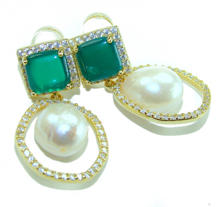 Born to Glam authentic 5.2 carat Pearl 18K Gold over .925 Sterling Silver handcrafted earrings - Earrings stone close-up: pearl and green gem with diamond accents.