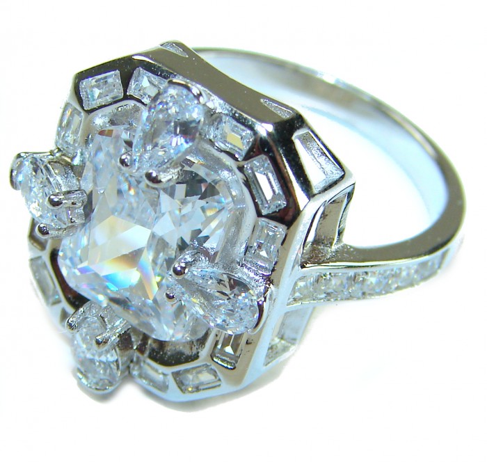 Art Deco 8.6 ctw White Topaz .925 Sterling Silver handcrafted Statement Ring size 8 - Side view of Art Deco ring with white topaz and sterling silver setting.