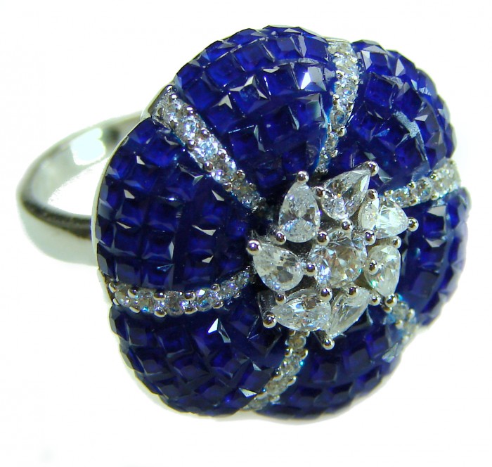 Born to Glam 22.2 carat natural Sapphire .925 Sterling Silver Perfectly handcrafted Ring s. 6 1/4 - Close-up of Born to Glam sapphire ring with diamond accents.