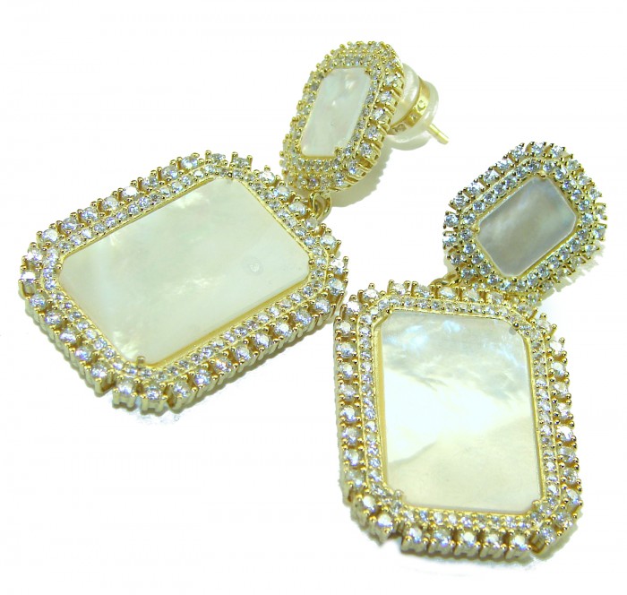 Genuine Blister Pearl lab grown Diamond 18K Gold over .925 Sterling Silver handcrafted Large Statement Earrings - Close-up of gold and pearl earrings with diamond accents.