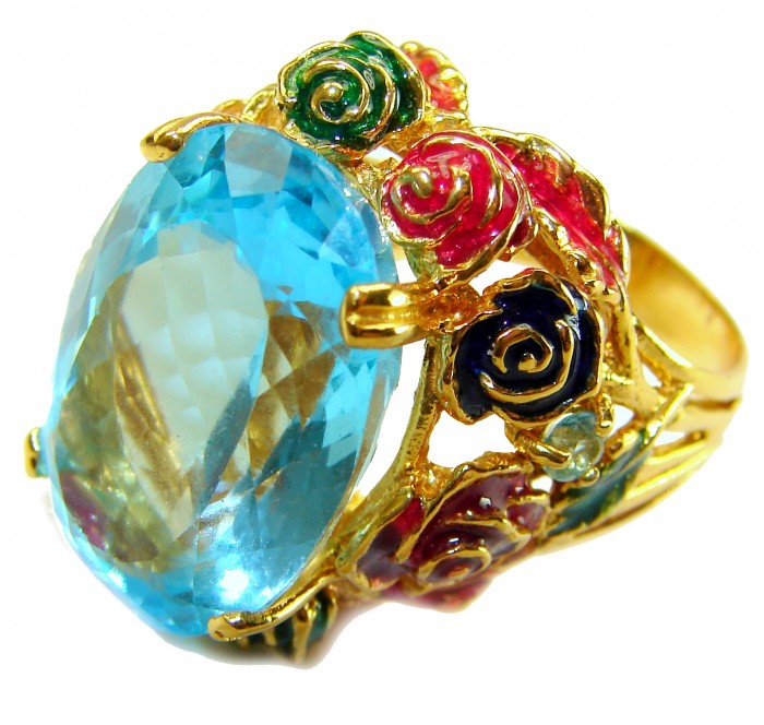 ENCHANTED GARDEN 25.3 carat Swiss Blue Topaz ENAMEL .925 Sterling Silver dipped in 22K Gold handcrafted Large ring size 7 3/4 - Close-up of ENCHANTED GARDEN Swiss Blue Topaz ring with enamel floral accents.