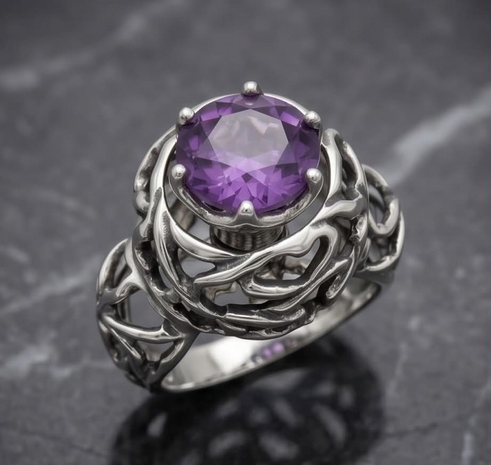 20.5 carat Amethyst .925 Sterling Silver Handcrafted Brutalist Ring size 8 1/2 - Close-up of Amethyst set in handcrafted .925 sterling silver ring