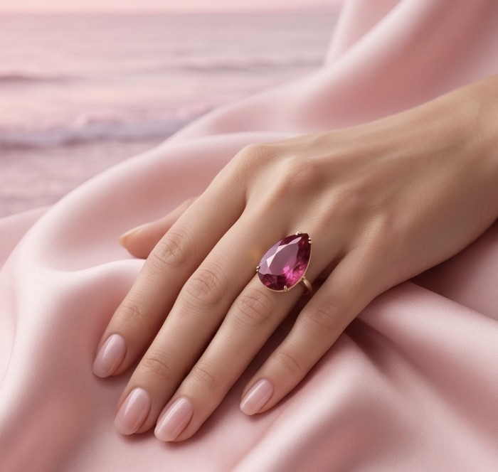 Carmen Natural 25.4 carat Ruby .925 Sterling Silver dipped in 22K Gold handmade Large Statement Ring size 6 - Ruby ring worn on hand against pink fabric background.