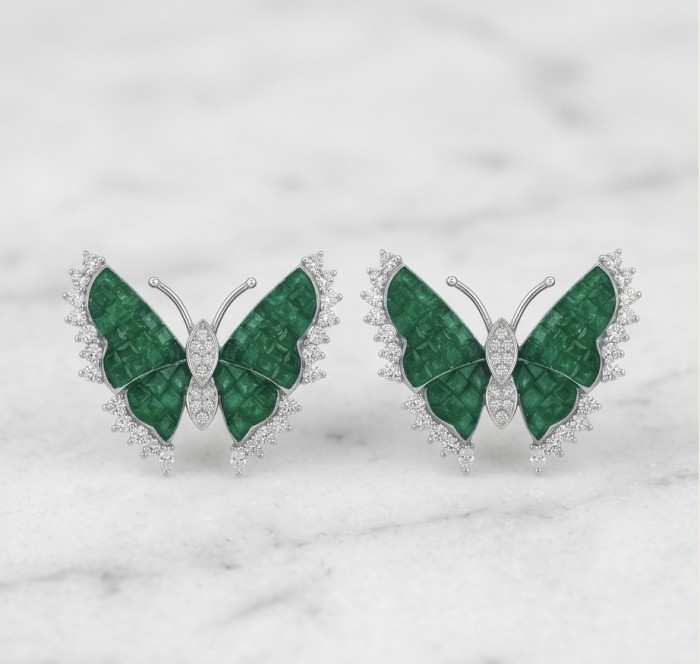 Incredible green Butterflies mystery setting genuine 11.5 CARAT Emerald .925 Sterling Silver handcrafted Earrings - Butterfly earrings with green stones and diamond accents, top view.