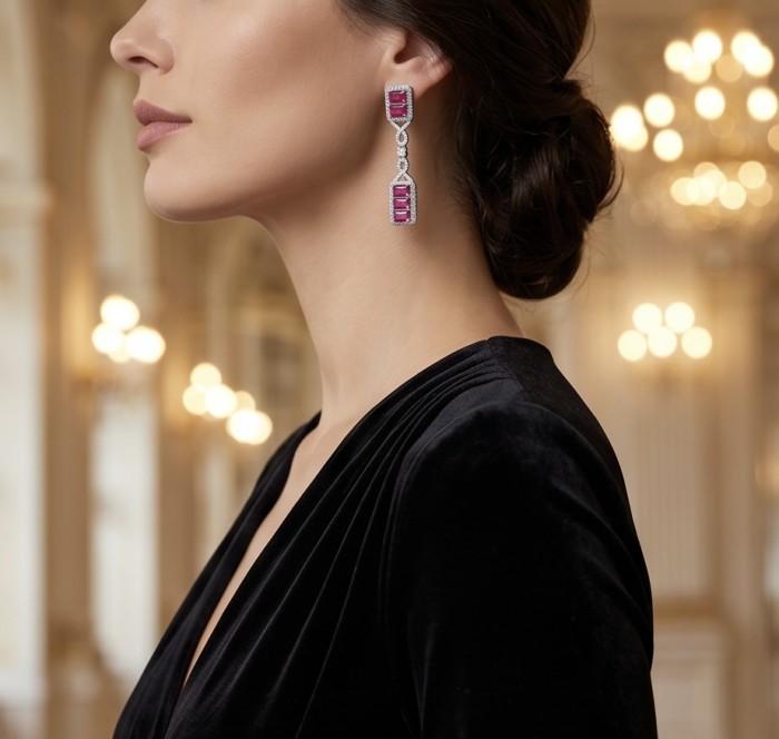 Art Deco - Giovanna - Magnificent Jewel 6.5 carat Ruby .925 Sterling Silver handcrafted incredible earrings - Side view of woman wearing Art Deco Giovanna ruby earrings