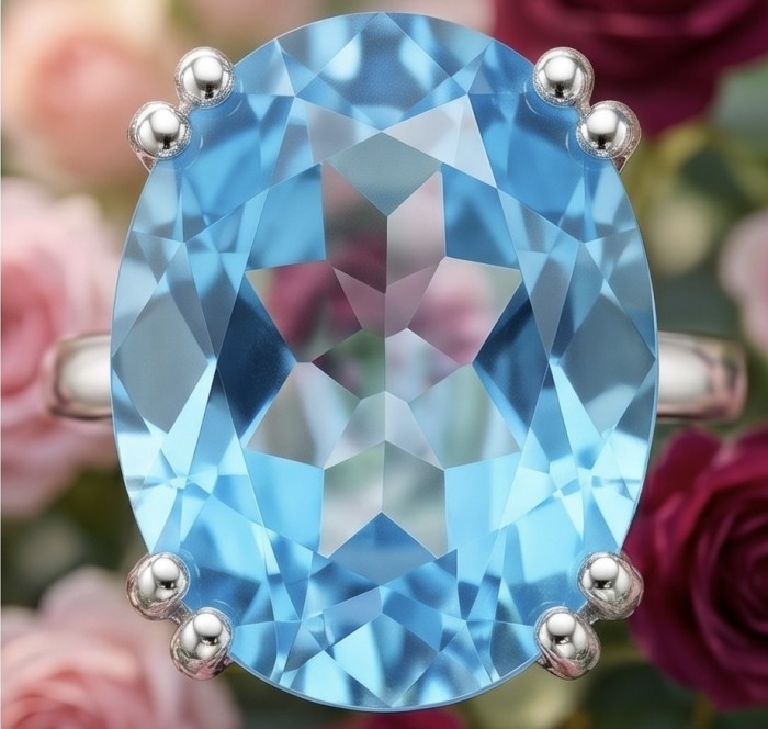 ENCHANTED OCEAN 16.3 carat Swiss Blue Topaz .925 Sterling Silver dipped in rhodium handcrafted ring size 6 3/4 - Stone close-up of ENCHANTED OCEAN 16.3 carat Swiss Blue Topaz ring