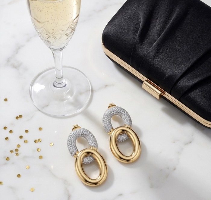 TIFFANY - LUXURIUS - Natural pave White Topaz 14K Gold over .925 Sterling Silver handmade earrings - Elegant earrings with white topaz and gold, top view display.
