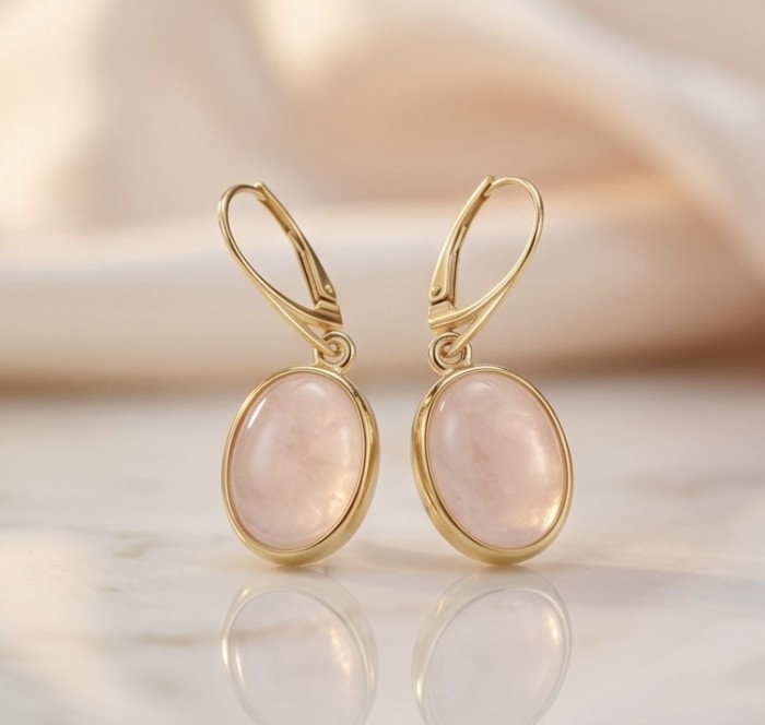 Authentic 10.2 carat Rose Quartz 14K Gold over .925 Silver handcrafted Statement earrings - Rose Quartz 14K Gold Earrings front view on marble surface