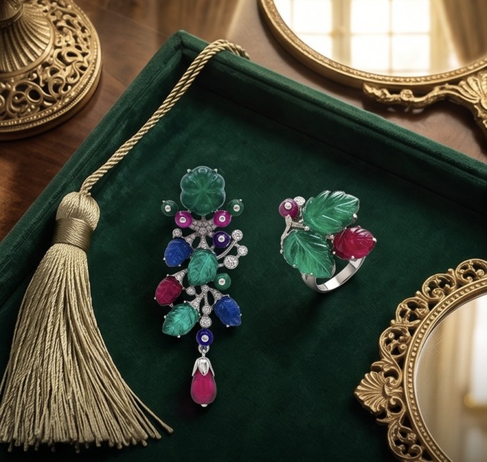 RARE BEAUTY! Valentina 28.2 carat CARVED Ruby Emerald Sapphire .925 Sterling Silver dipped in rhodium Statement handcrafted earrings - Carved Ruby, Emerald, Sapphire jewelry on display with mirror and tassel.