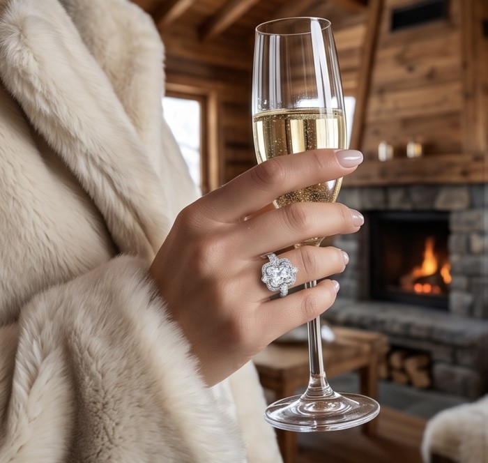 Art Deco 8.6 ctw White TOPAZ .925 Sterling Silver handcrafted Statement Ring size 8 - Ring on hand holding champagne, Art Deco 8.6 ctw White Topaz.