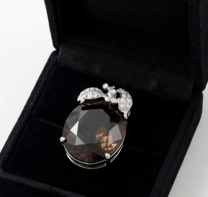 Juicy Fruit 24.5 carat Brazilian Smoky Topaz .925 Sterling Silver dipped in black Rhodium handmade Pendant - Smoky Topaz pendant in box, stone close-up, ornate silver setting.