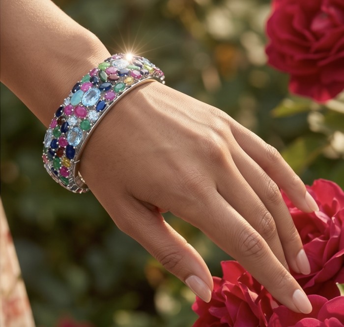 Tiffany - Authentic 62.2 carat Swiss Blue Topaz .925 Sterling Silver handcrafted Statement bangle Bracelet - Colorful gemstone bracelet worn on hand, surrounded by roses.