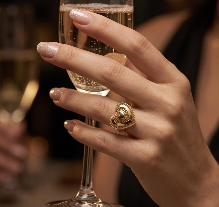 Dubai Style - Golden Heart .925 Sterling Silver dipped in 22K Gold handmade Large ring size 7 1/4 - Golden heart ring on hand holding a champagne glass, close-up view