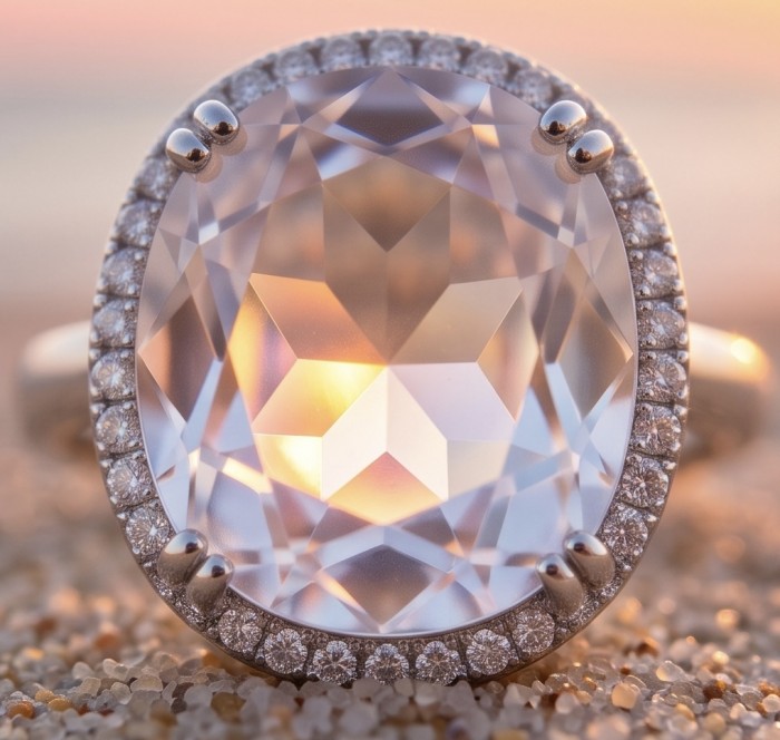 Angelina 14.9 carat authentic White Topaz .925 Sterling Silver Handcrafted Ring size 7 - Close-up of Angelina 14.9 carat white topaz ring with diamond halo.