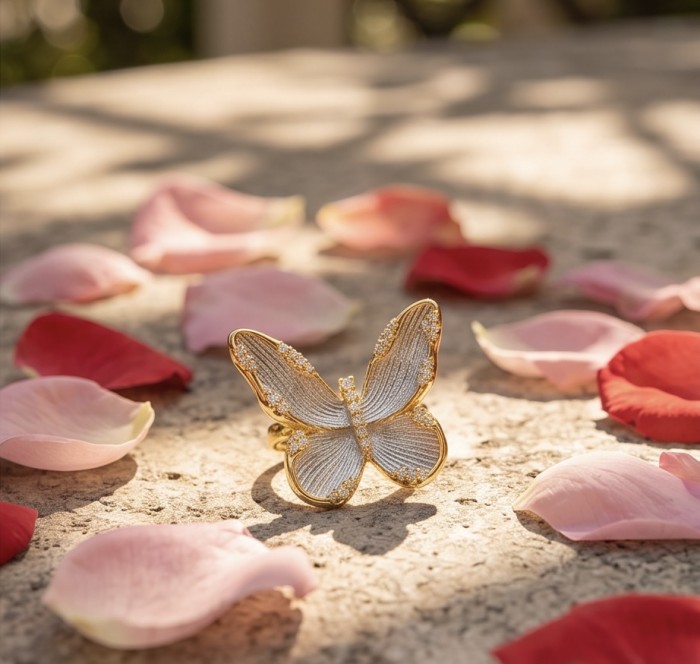 Golden Butterfly White Topaz highly polished 18K Gold over .925 Sterling Silver Italy made ring s. 7 - Golden butterfly ring on stone, surrounded by pink and red petals