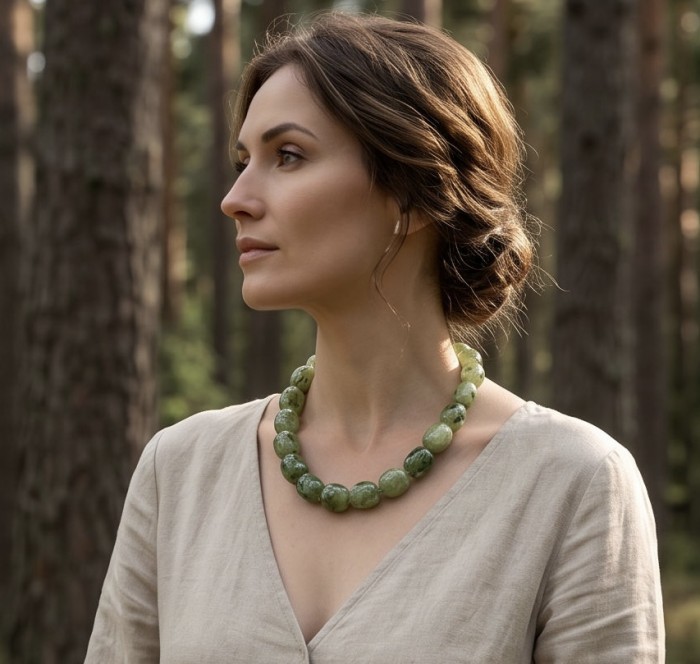 Power of Nature 175.5 carat Moss Prehnite .925 Sterling Silver handcrafted Large necklace - Side view of woman wearing Moss Prehnite necklace in forest setting.