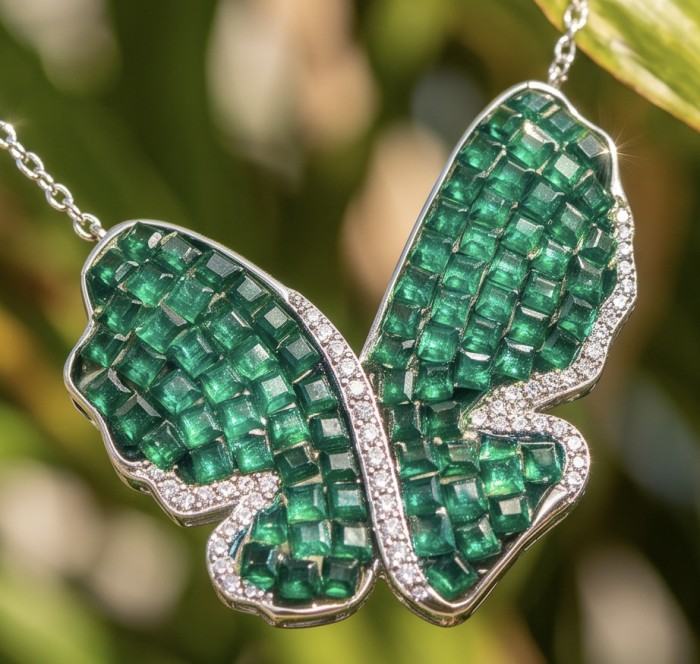 Precious Butterfly authentic 22.9 carat Colombian Emerald .925 Sterling Silver handcrafted Statement necklace - Close-up of butterfly pendant with 22.9 carat Colombian emeralds.