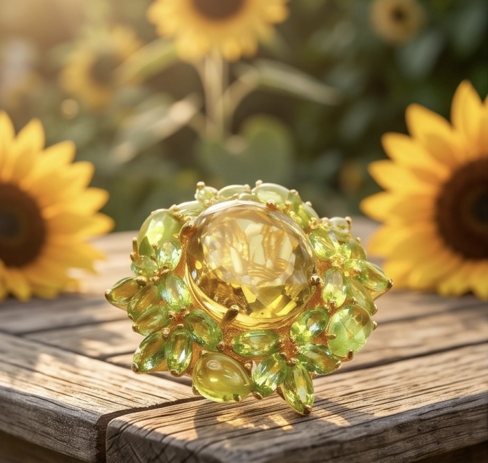 Vivien - Natural 19. 2 carat Citrine .925 Sterling Silver dipped in 18K Gold handcrafted Statement ring; s. 5 - Stone close-up of Vivien Citrine ring with sunflowers in the background.