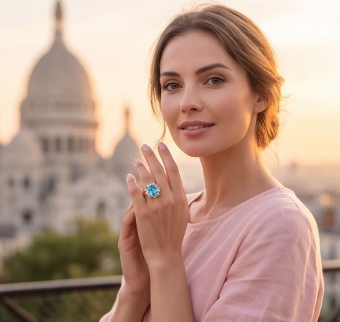 Nirvana Natural Fancy baquette cut 23.8 carat Swiss Blue Topaz .925 Sterling Silver dipped in 22K Gold handmade Statement Ring size 8 - Woman wearing Nirvana natural blue ring with a cathedral backdrop.