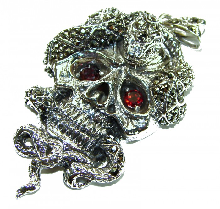 Huge Scary Ghost Rider Ruby Authentic Ruby Marcasite .925 Sterling Silver handcrafted Pendant - photo 3