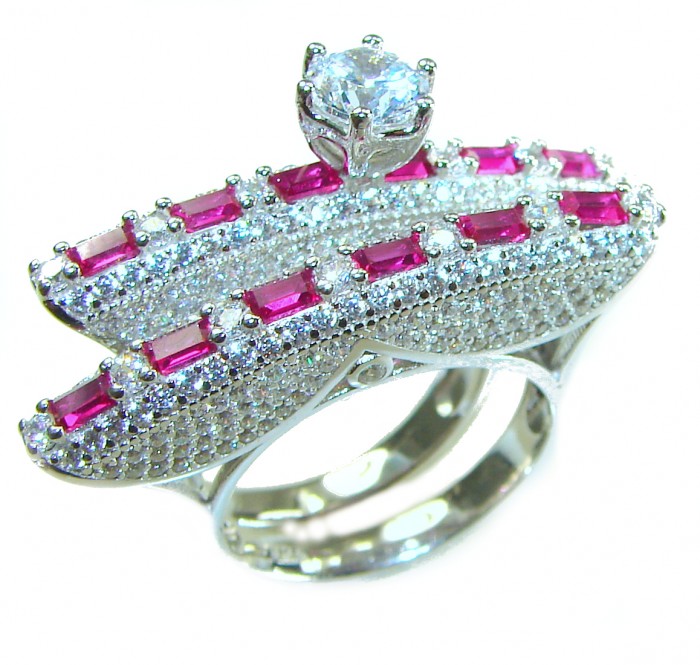 Extravaganza Large White Topaz Ruby .925 Sterling Silver brilliantly handcrafted stack up ring s. 6 3/4 - Side view of extravagant white topaz and ruby sterling silver ring.