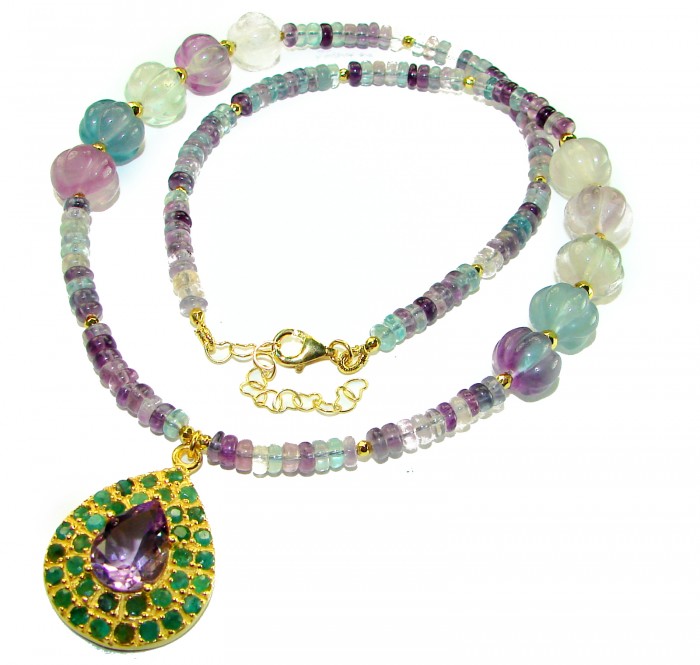 33.2 grams Rare Unusual Natural Fluorite 14K Gold over .925 Silver handcrafted NECKLACE - Fluorite necklace with green gold pendant, top view, showing clasp detail.