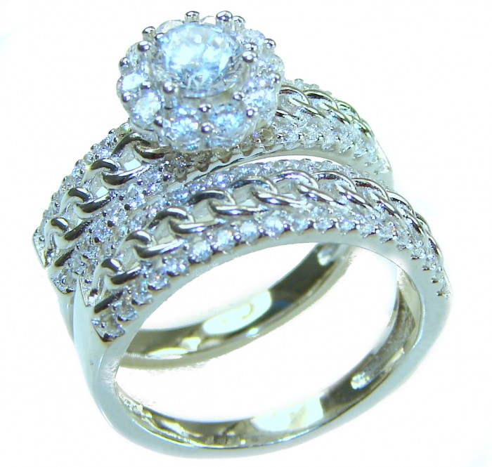 Dazzling - Exclusive 4.6 carat White Topaz .925 Sterling Silver handcrafted stack ring size 6 1/2 - Elegant white topaz ring set close-up on sterling silver bands.