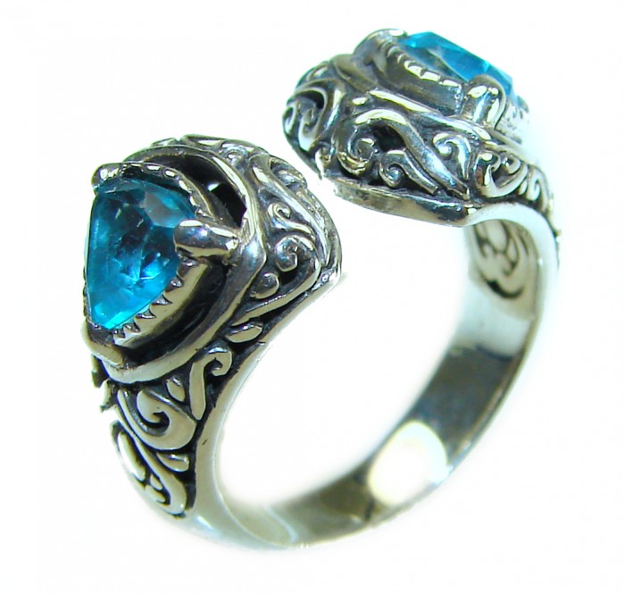 Purity 8.8 carat authentic Swiss Blue Topaz .925 Sterling Silver handmade Ring size 6 - Close-up of ornate Swiss Blue Topaz sterling silver ring.