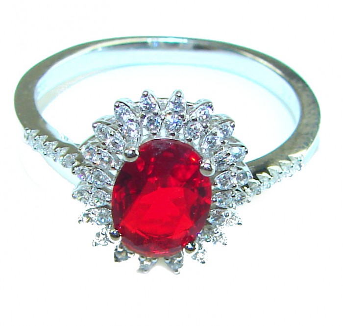 Authentic 2.3 carat Ruby .925 Sterling Silver handmade Cocktail Ring s. 8 1/4 - Ruby ring on sterling silver, top view showing stone and diamond accents.
