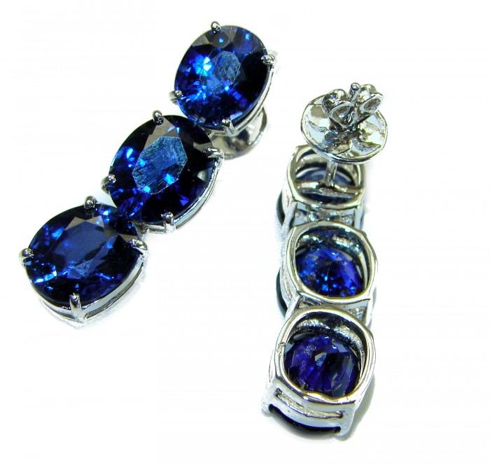 Deep Ocean 22.5 carat London Blue Topaz .925 Sterling Silver handmade Statement earrings - Blue topaz earrings in sterling silver, showing side and top view.
