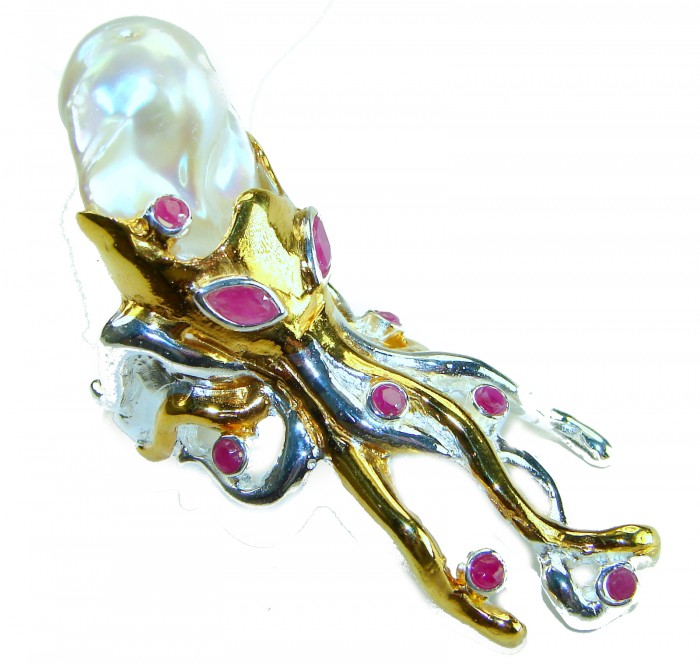 Massive Golden Mother of Pearl Octopus with Ruby eyes 18K Gold over .925 Sterling Silver handcrafted ring s. 6 - Golden octopus ring with rubies, side view.