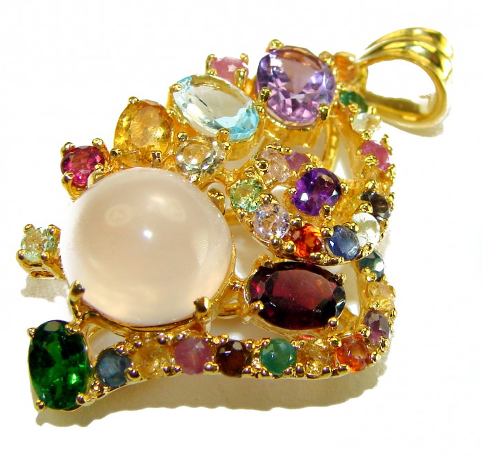 Marie Antoinette's STYLE authentic 20.5 carat Brazilian Rose Quartz 18K Rose Gold over .925 Sterling Silver handcrafted Statement pendant - Gold pendant with multicolored stones, top view showcasing details.
