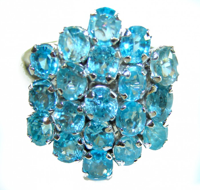 Blue Odyssey 4.5 carat authentic Swiss Blue Topaz .925 Sterling Silver handmade Statement Ring size 8 - Close-up of Swiss Blue Topaz cluster ring in silver setting.