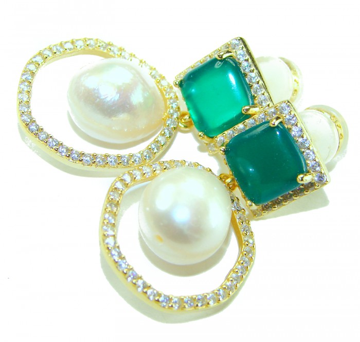 Born to Glam authentic 5.2 carat Pearl 18K Gold over .925 Sterling Silver handcrafted earrings - Close-up of emerald and pearl earrings with gold and diamond accents.