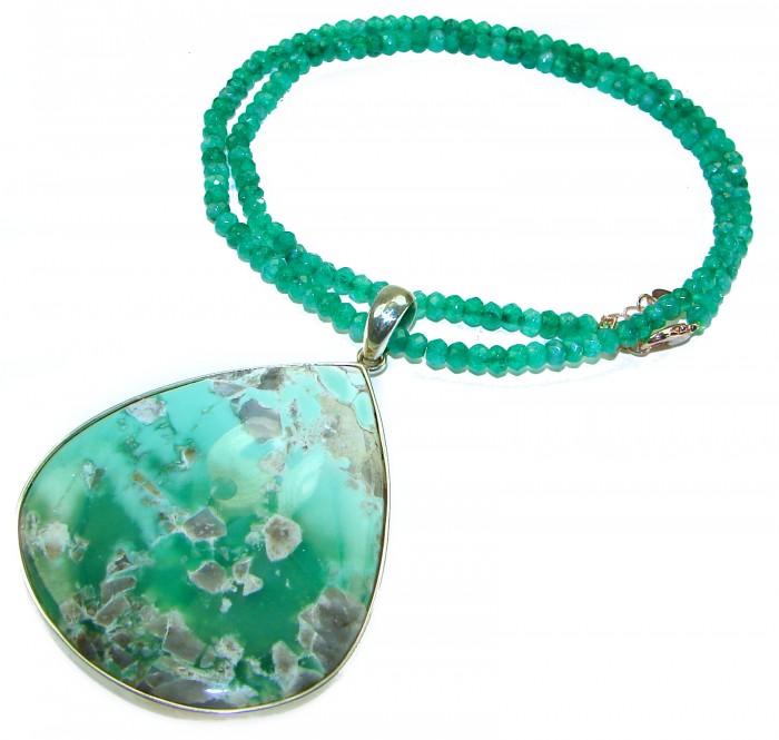 Green Odyssey Natural Huge Chrysoprase .925 Sterling Silver handmade necklace - Green Odyssey Chrysoprase necklace close-up with sterling silver.