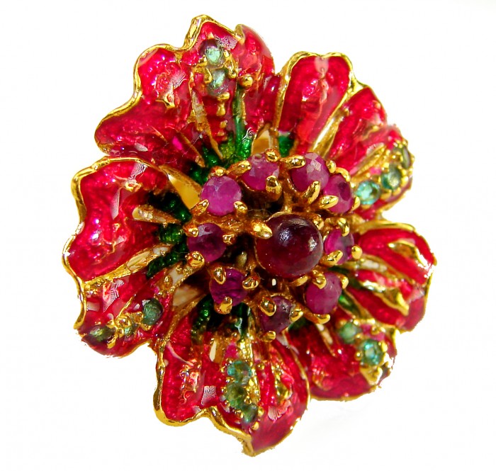 CARMEN 5.5 carat Mozambique Ruby Enamel 18K Gold over .925 Sterling Silver handcrafted Ring s. 7 - Close-up of CARMEN floral ring with rubies and enamel detail.