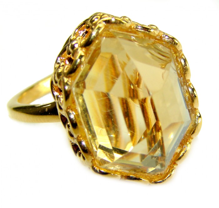 Golden Rose Natural 28.4 carat Golden Topaz 18K Gold over .925 Sterling Silver handmade Large Statement Ring size 10 - Close-up of Golden Topaz ring with 18K gold setting