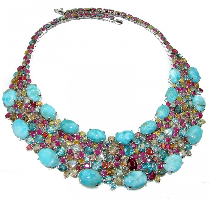 Luna 255.3 carat authentic Larimar From Dominican Republic .925 Sterling Silver handcrafted MASSIVE STATEMENT Necklace - Larimar necklace, top view, colorful gemstones, Luna 255.3 carat.