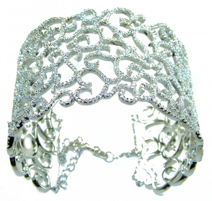 Spectacular! A Million Stars 43.8 carat White Sapphire .925 Sterling Silver Bracelet / Cuff - Ornate white sapphire bracelet, top view showing intricate design.