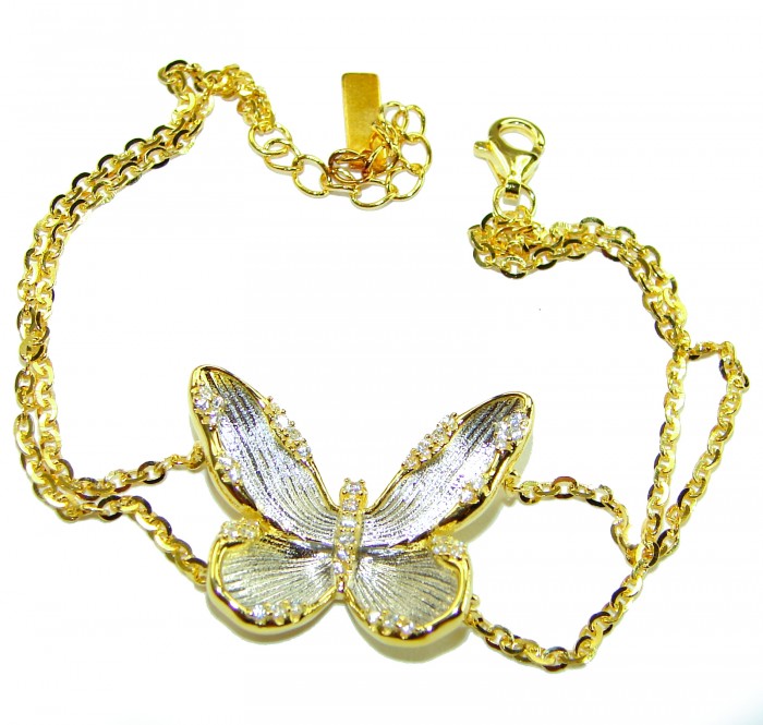 Golden Butterfly White Topaz highly polished 18K Gold over .925 Sterling Silver Italy made bracelet - Golden butterfly bracelet with white topaz, chain and clasp details.