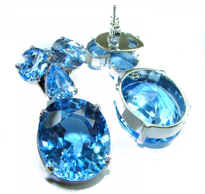 Pure Serenity 45.5 carat genuine Swiss Blue Topaz .925 Sterling Silver handmade Large Statement earrings - Close-up of Swiss Blue Topaz jewelry set in .925 sterling silver.