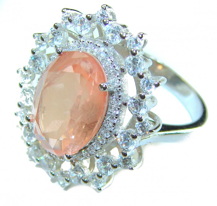 Authentic oval cut 9.2 carat Morganite 14K White Gold over .925 Sterling Silver ring s. 8 1/4 - Morganite ring side view, 9.2 carat, with diamond halo in white gold.